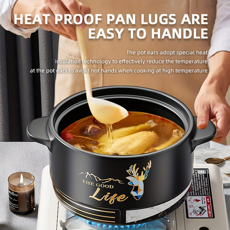 A versatile ceramic saucepan designed for baking and stewing, featuring two convenient ear handles, high heat resistance, and easy cleaning. This cooking pot can be used for preparing a variety of dishes including stews, pasta, desserts, and sauces. The