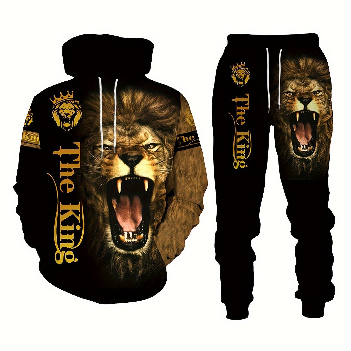 Men's plus size lion print 3D hooded sweatshirt and sweatpants set for autumn/winter.