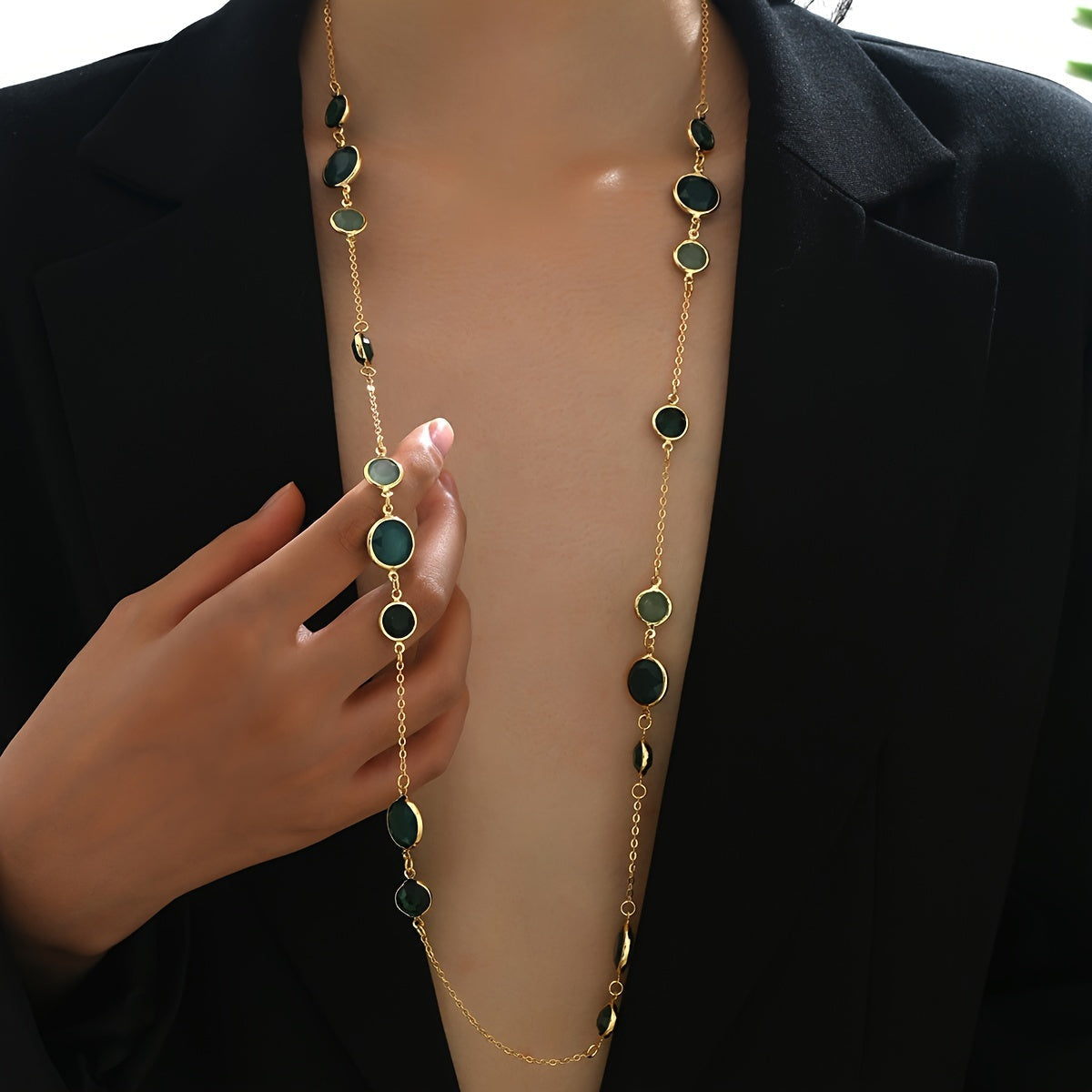 Stylish Long Layered Necklace designed for Women, Features a Minimalistic Iron Chain adorned with Plastic Gemstones, Perfect for both Everyday Wear and Special Occasions, Complete your Look with this fashionable Jewelry Ensemble.