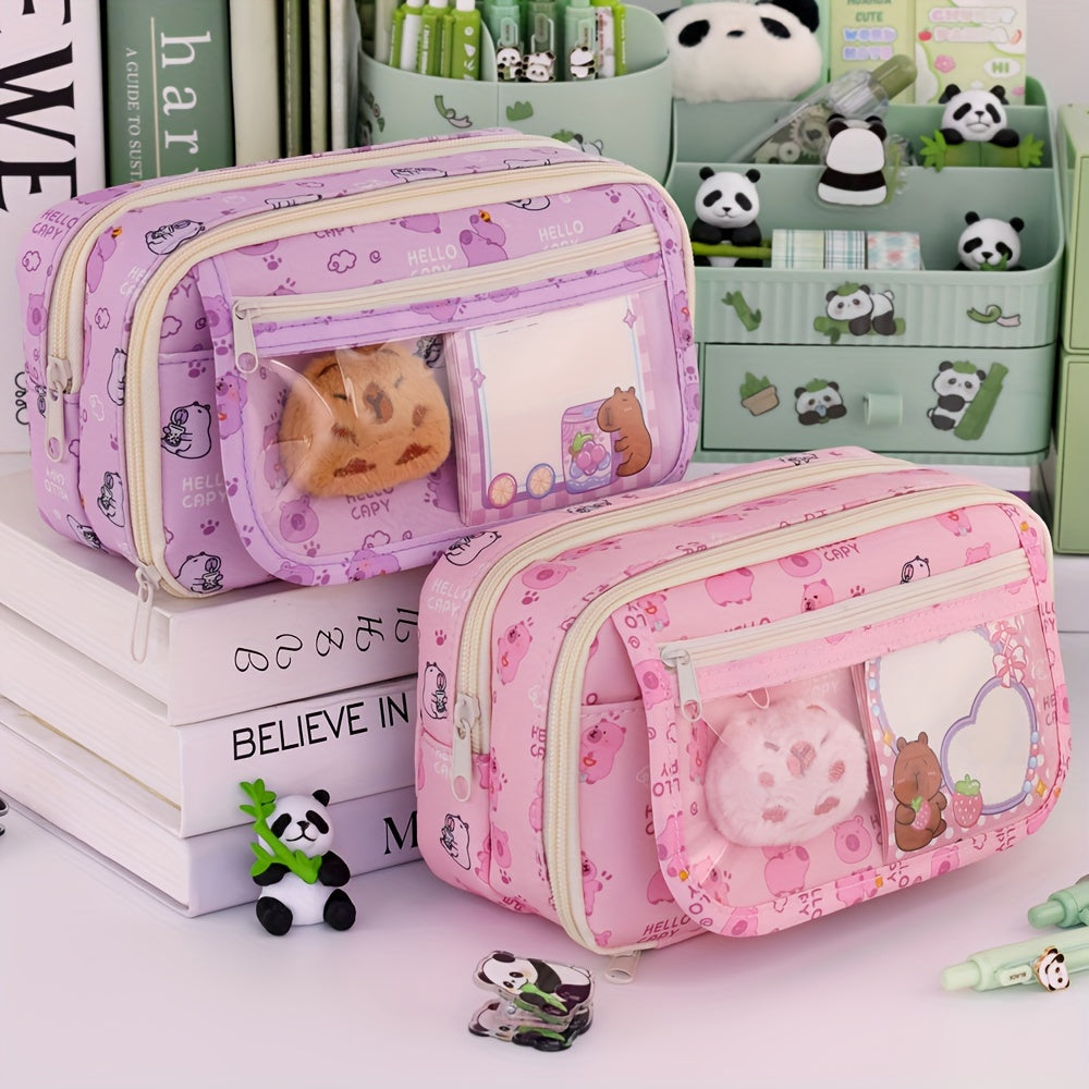 Panda cartoon pencil case with multi-layer organizer for pens, pencils and accessories. Stylish storage for boys and girls.