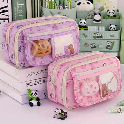 Panda cartoon pencil case with multi-layer organizer for pens, pencils and accessories. Stylish storage for boys and girls.