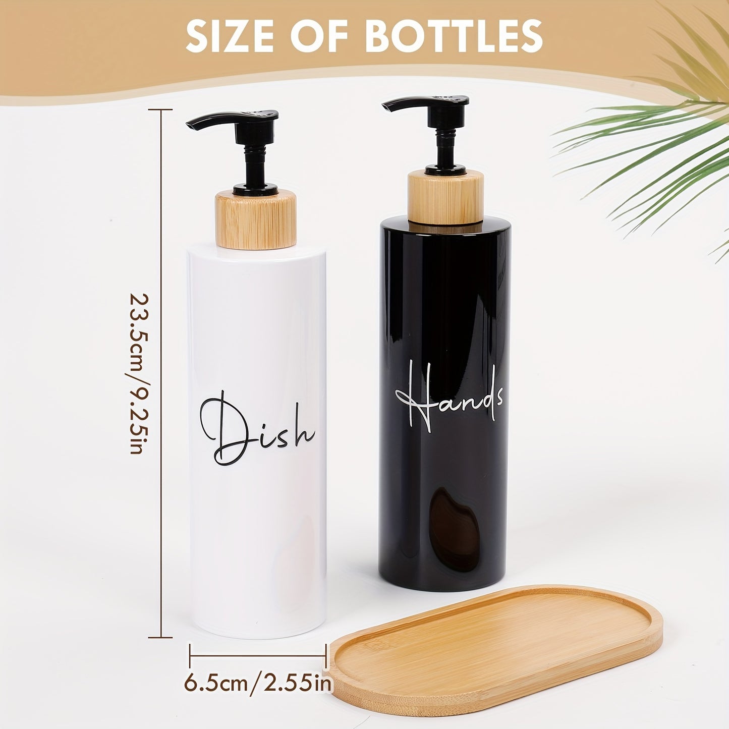 Set of 2 black refillable soap dispensers with wooden handles, made from lead-free plastic. Suitable for hand and dish soap, great for bathroom organization and storage, and elegant home decor accessories.