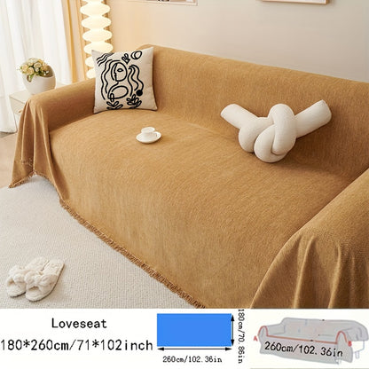 Contemporary chenille sofa throw, waterproof baby fleece cover, universal fit for all-season use. Features tassel embellishment and is machine washable. Made of 100% polyester, suitable for various furniture sizes in different rooms.