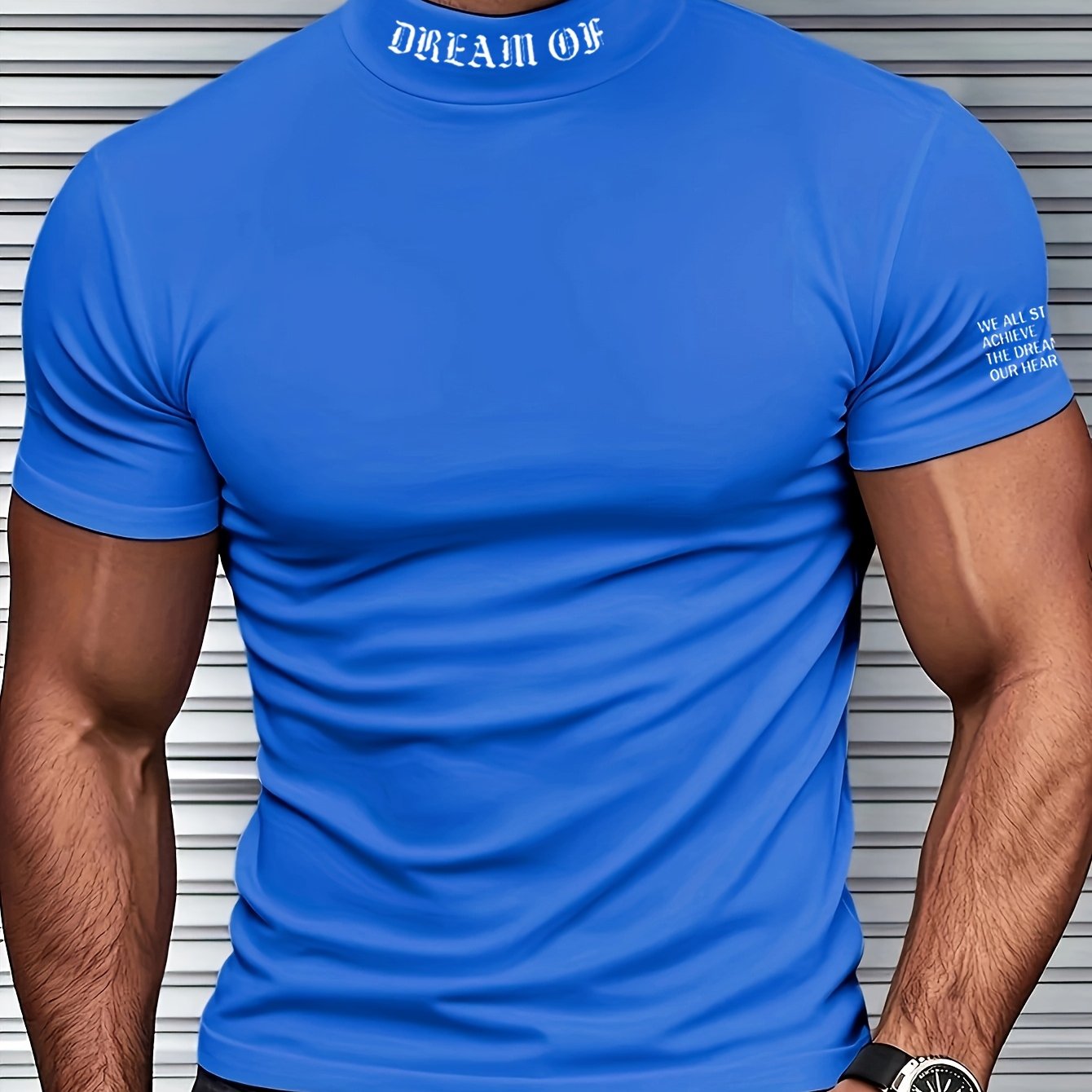 Breathable men's short sleeve t-shirt with random print, made of polyester spandex blend. Features stand collar, slight stretch, skinny fit, and knit fabric. Suitable for all seasons