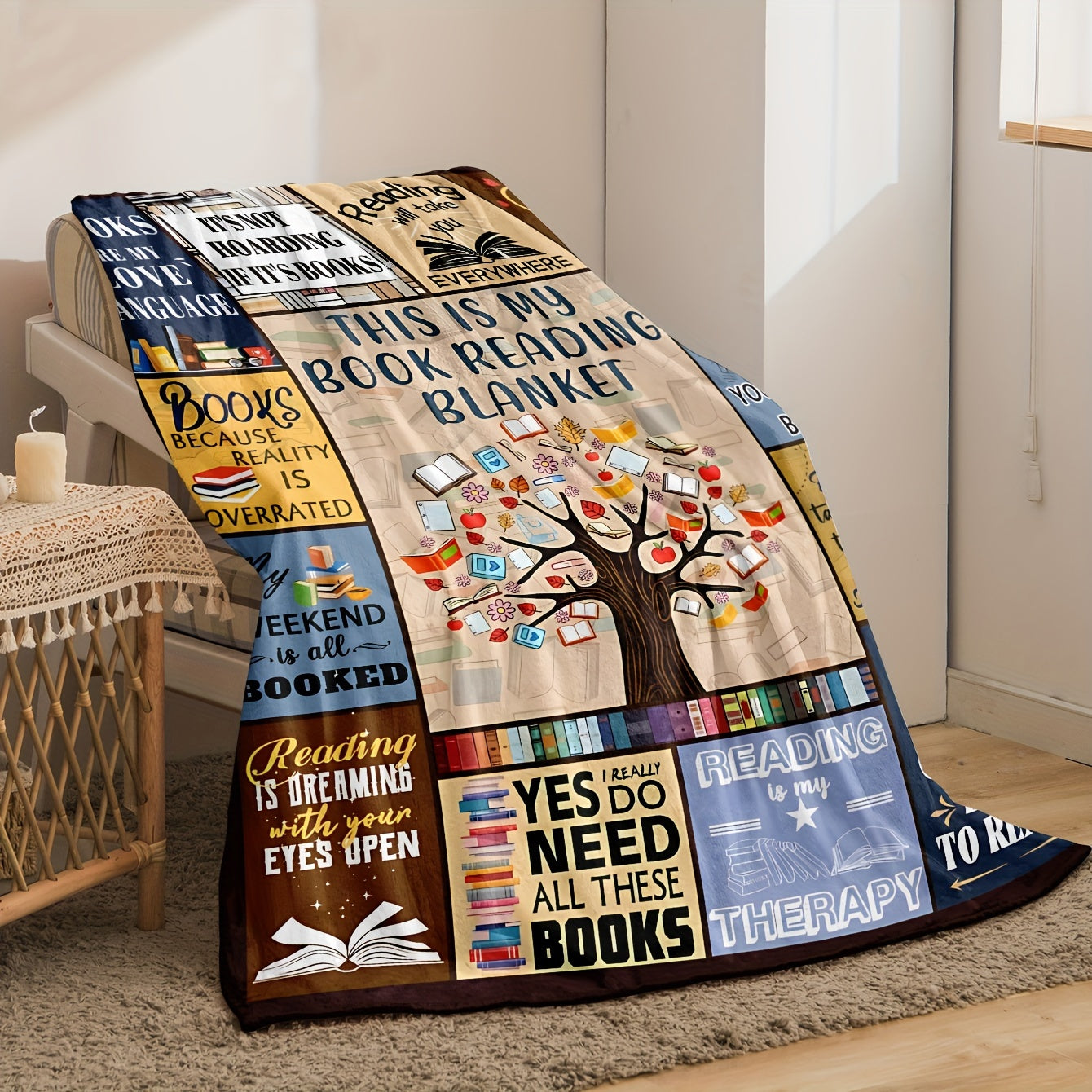 Bookworms and book managers alike will love this 1-piece printed blanket. It's the perfect gift for reading lovers, great for cozying up at home or on the go. This soft and warm blanket is ideal for lounging on the couch, bed, or even using as a lunch