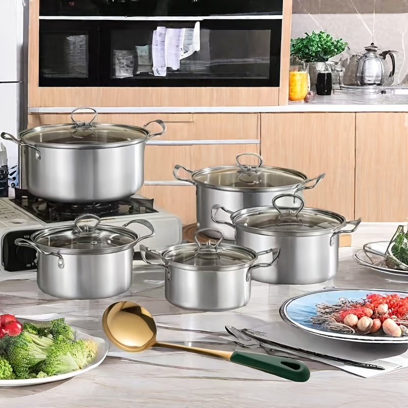 10-piece Household Stainless Steel Stockpot Set with Double Handles, High-sided Cooking Pot, and Horizontal Milk Pot