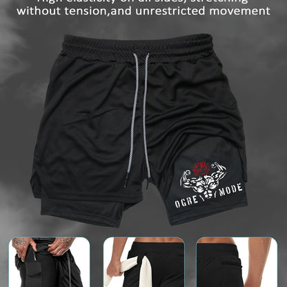 Men's Summer Print Dual-Layer Shorts with Breathable, Quick-Dry Fabric, Pockets, and Zipper Detail for Sports & Casual Wear.