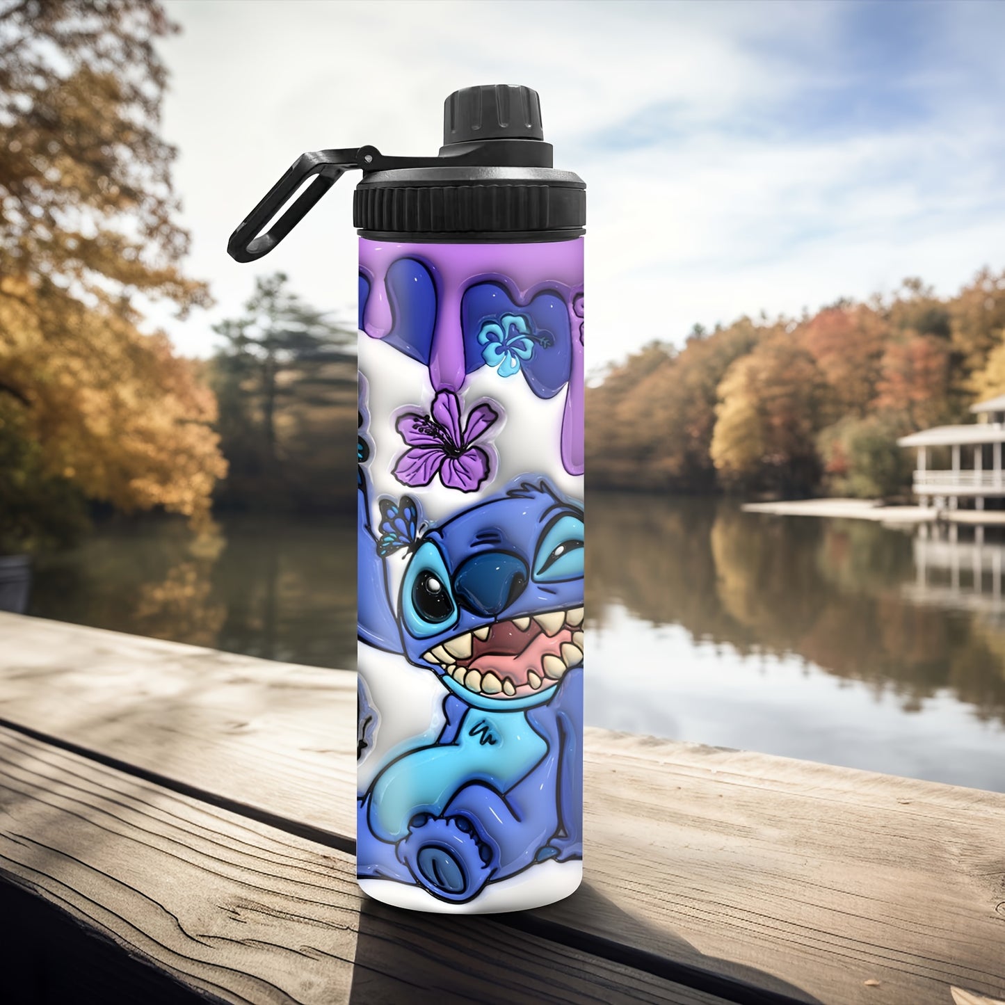 Stitch and butterfly print stainless steel water bottle, insulated for hot and cold drinks, leakproof lid, hand wash only, BPA-free, perfect for outdoor travel and gifting.