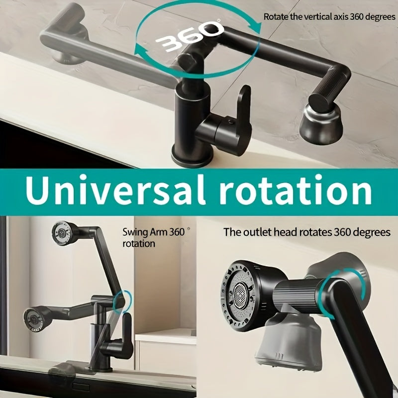 Washbasin faucet with hot and cold water options, four spout modes, mechanical arm, suitable for household bathrooms. Universal design.