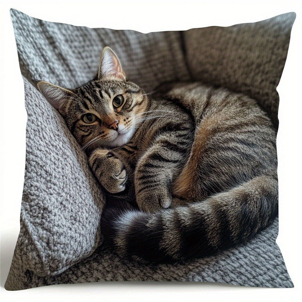 Tabby Cat Throw Pillow Cover featuring a friendly design - Double sided printing, made from short fleece fabric perfect for winter. This contemporary decor cushion case comes with a zipper for easy removal. Great for Christmas season. Note: Insert not