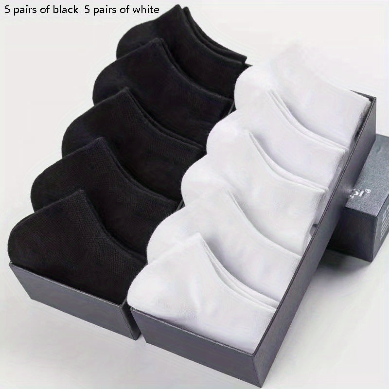 Five pairs of invisible socks for couples in solid colors (black, white, grey), made of breathable thin polyester (95%) and spandex (5%) knit fabric, hand washable, 200g/m².