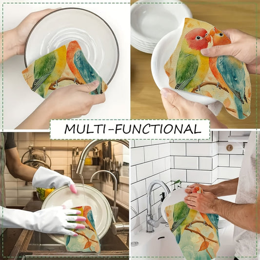 Set of 2 Ultra Soft Kitchen Towels featuring a Watercolor-style design of lovebirds singing in harmony. These highly absorbent dish hand towels are perfect for holiday decor. Machine washable and measuring 16x24 inches each. Get yours today! Product