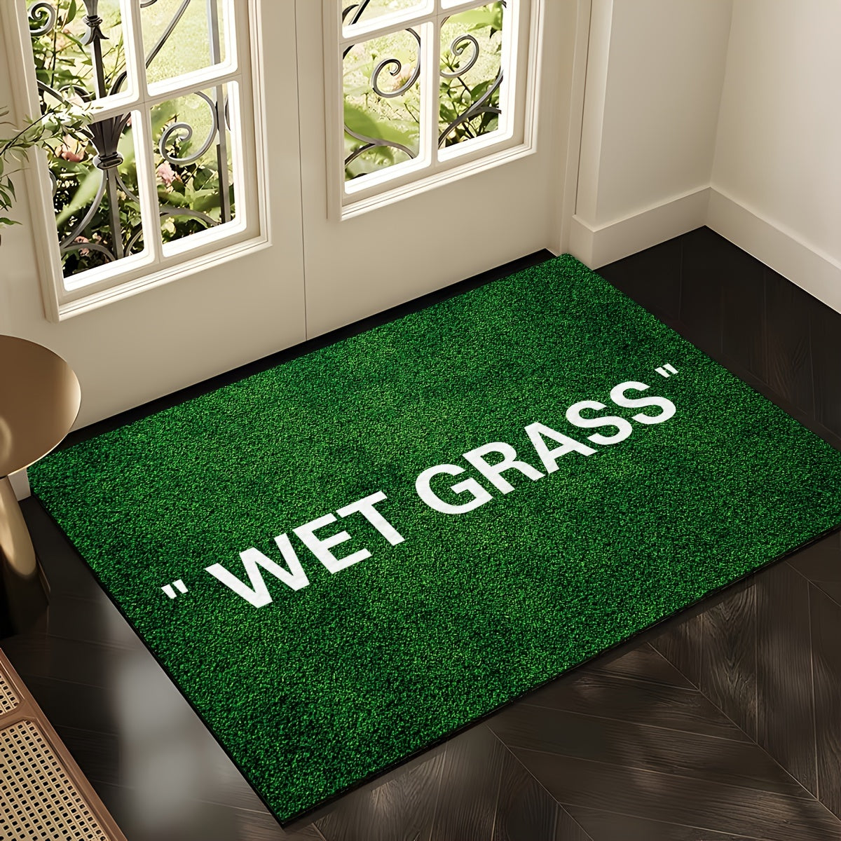 Soft, non-slip area rug featuring a chic green grass and English letter design. Machine washable for easy care, this rug is perfect for any room in your home including the living room, bedroom, kitchen, and more. Add a touch of style to your space with