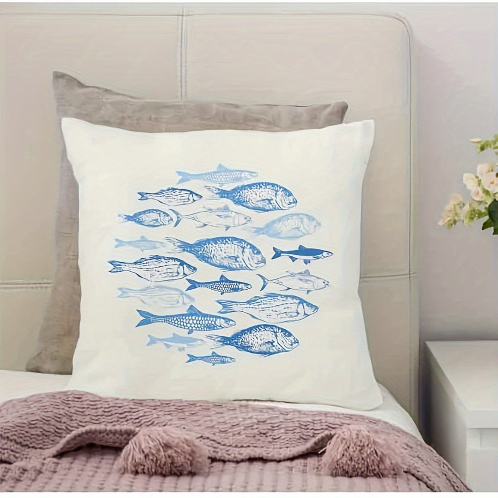 Linen Pillowcase with Chic Blue Fish Sketch Design - Single-Sided Print, Zip Closure, Easy to Clean - Ideal for Decorating Sofas and Beds