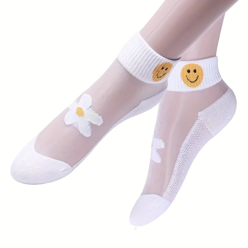 5 pairs of floral print short socks for women, breathable and lightweight transparent stockings.