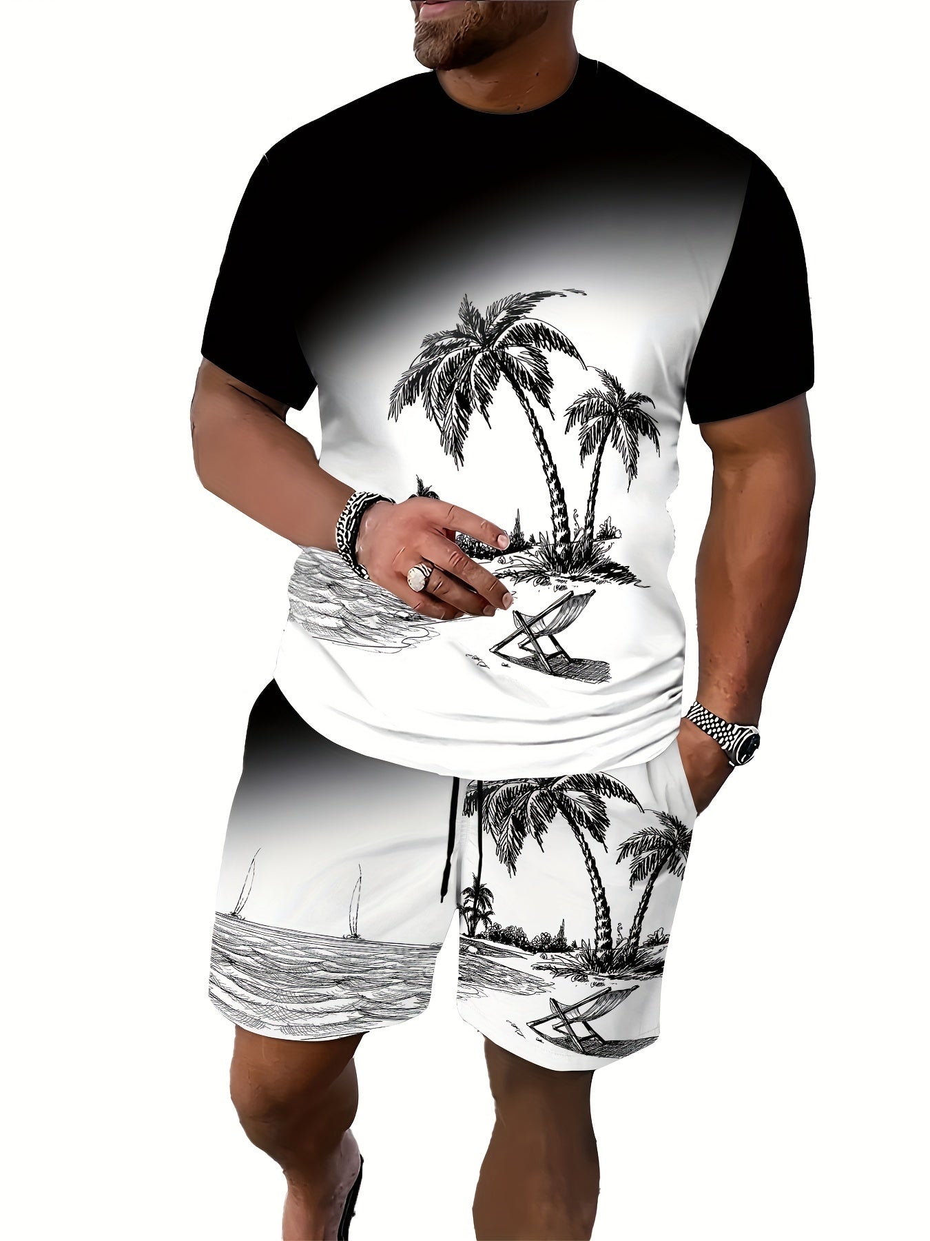 Tropical beach sunset lounge set with 3D palm tree print crew neck tee and drawstring shorts, perfect for casual home wear, vacation, or workout in spring/summer. Made of comfortable