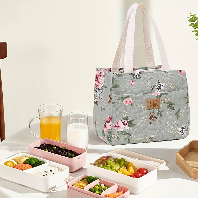 Waterproof Large Capacity Insulated Lunch Bag with Aluminum Foil - Floral Canvas Design, Keeps Food Fresh All Day for Work, Travel & Picnics