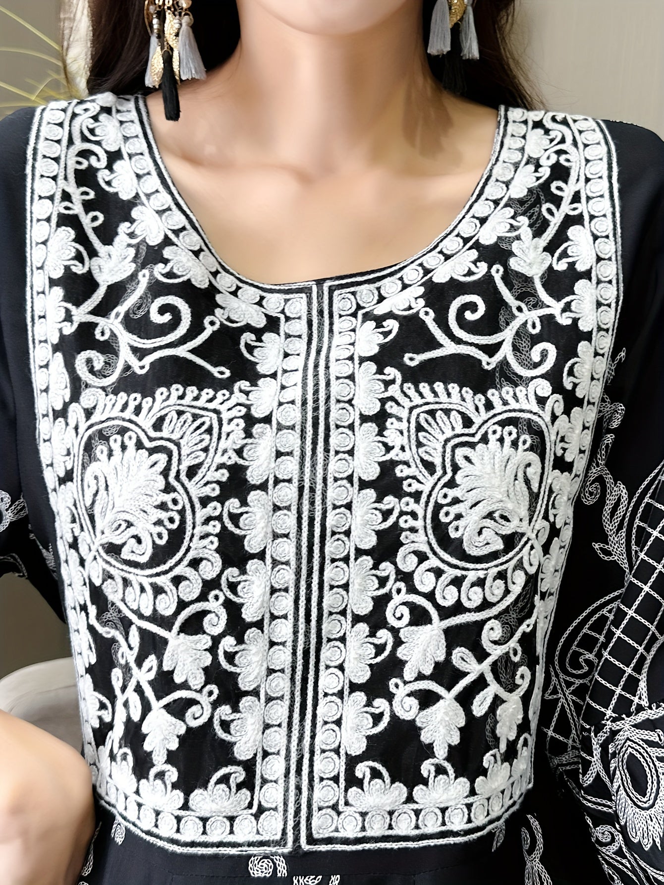 Vintage-inspired black & white embroidered kaftan dress with 3/4 sleeves perfect for casual, vacation, beach wear. Polyester, non-stretch fabric.