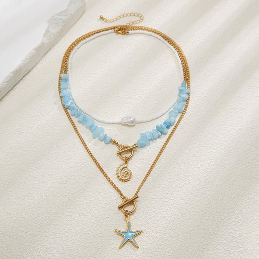 Vintage Bohemian Beaded Star Necklace in 14K Gold Plated Alloy with Synthetic Turquoise, Boho Layered Choker, Ideal Gift for Women for Everyday or Special Occasions like Valentine's Day, A Versatile All-Season Accessory