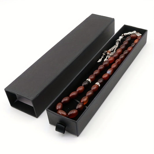 1 piece of Agate Oval Tasbih Muslim Jewelry Prayer Beads, Misbaha Islamic Rosary Arabian Eid Premium Gift Set, Comes with Elegant Box, Suitable for Men and Women, Perfect for Ramadan and Father's Day Gifts