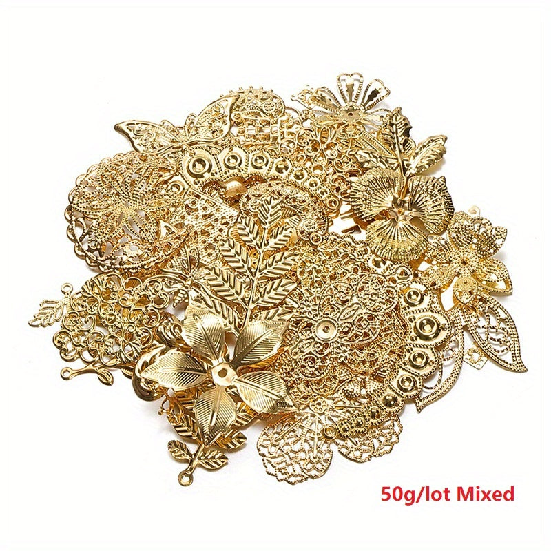 A set of 50g of white, golden, and silvery alloy charms featuring a mix of carved flower and leaf designs. Perfect for crafting pendant necklaces and other DIY jewelry projects. Get your hands on these unique and stylish supplies for making accessories.