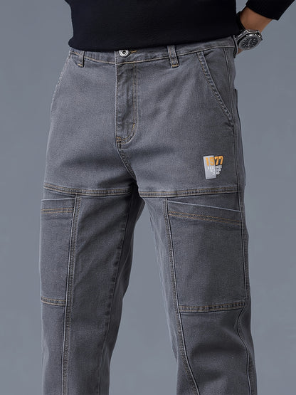 Men's fashion denim jeans made of 70% cotton, 28% polyester, and 1.3% elastane. Features a regular fit, mid waist, zipper fly, and all-season wear. Constructed with 300g/m² woven fabric