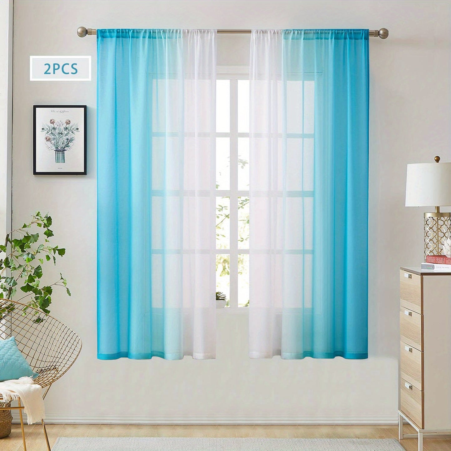 Two pieces of rod pocket curtains with a gradient style, made of transparent imitation linen material. These sheer curtains are perfect for adding a decorative touch to any bedroom, office, kitchen, living room, study, or home decor.