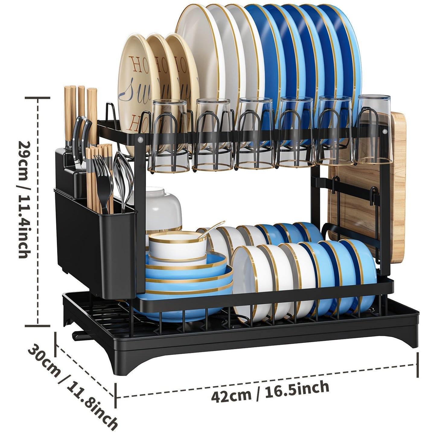 Rustproof Two-Tier Kitchen Rack with Drainboard, Utensil Holder, and Dish Drying Function for Countertop Use