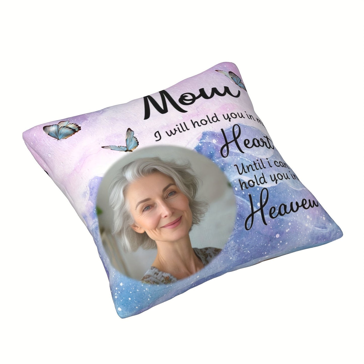 Personalized Polyester Pillowcase featuring a Custom Photo and Loving Message - Suitable for Ages 14 and Up, Includes 1 Plush Pillow Cover, Heartfelt Design with the Quote "Mom I Will Hold You in My Heart Until I Can Hold You in Heaven", Made of