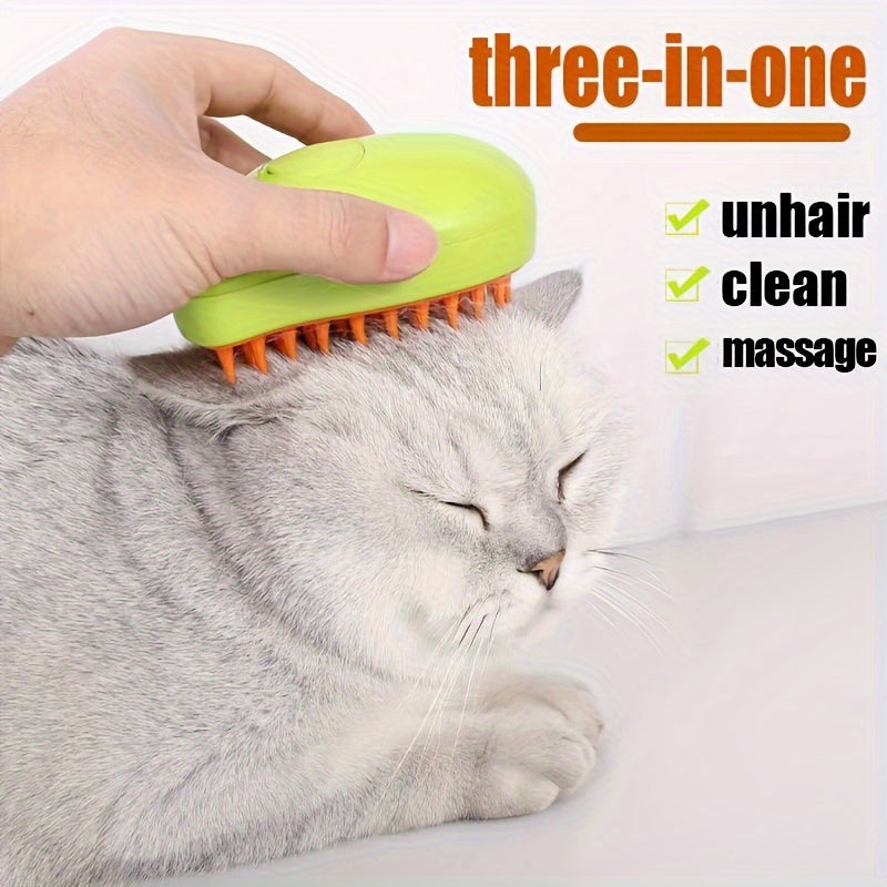 USB charging pet grooming brush made of plastic material with a spiral comb for strong hair adhesion, providing 3-in-1 function for unhairing, cleaning, and massaging - ideal for cats and