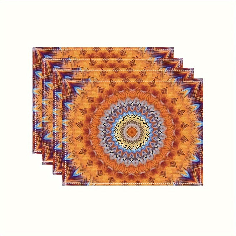 4 Mandala-style placemats with a Persian Bohemian design, heat resistant and washable, suitable for home and restaurant use.