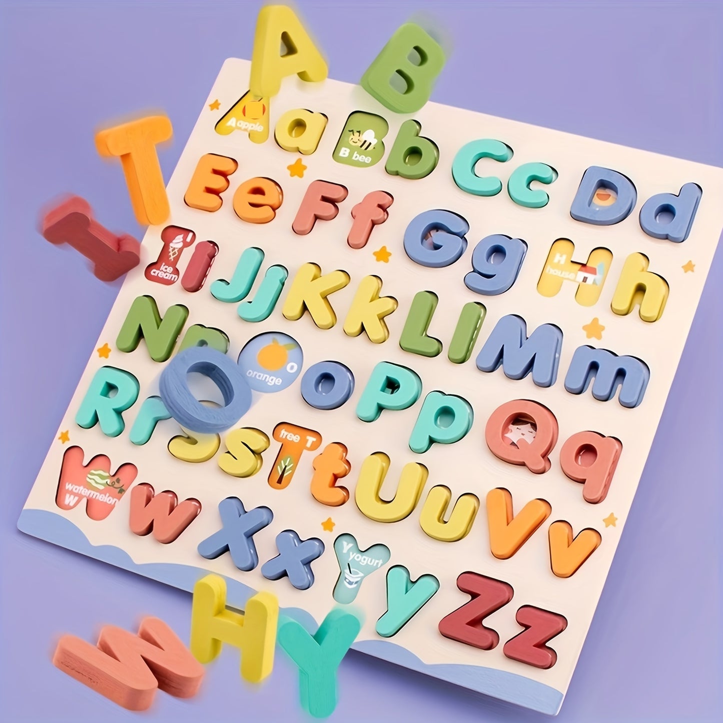 Wooden Alphabet Puzzle Board for Kids - 52pcs, includes Uppercase & Lowercase Letters - Educational Toy for Cognitive Development - Ages 3+