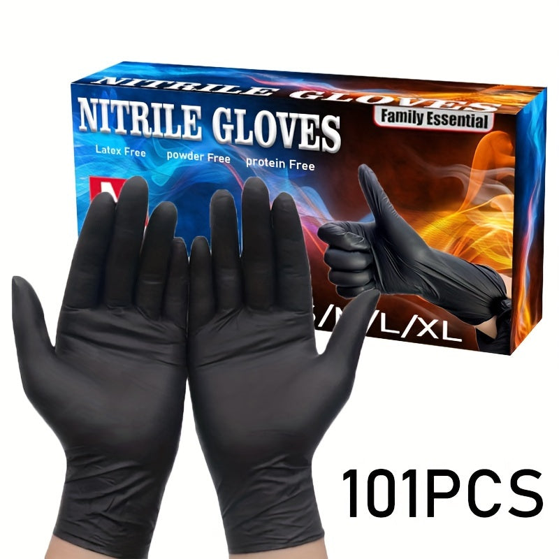 Highly elastic black gloves with 101 pieces, suitable for food handling, nail care, dishwashing, and household cleaning tasks. Powder-free and disposable.