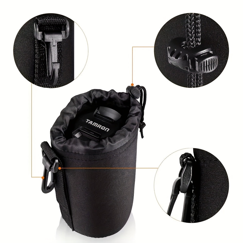 Durable set of camera lens pouches made of waterproof synthetic fabric. This shockproof DSLR lens storage bag comes with a drawstring and clip for easy carrying. Perfect for photographers, this portable lens protector bag is available in 4 different