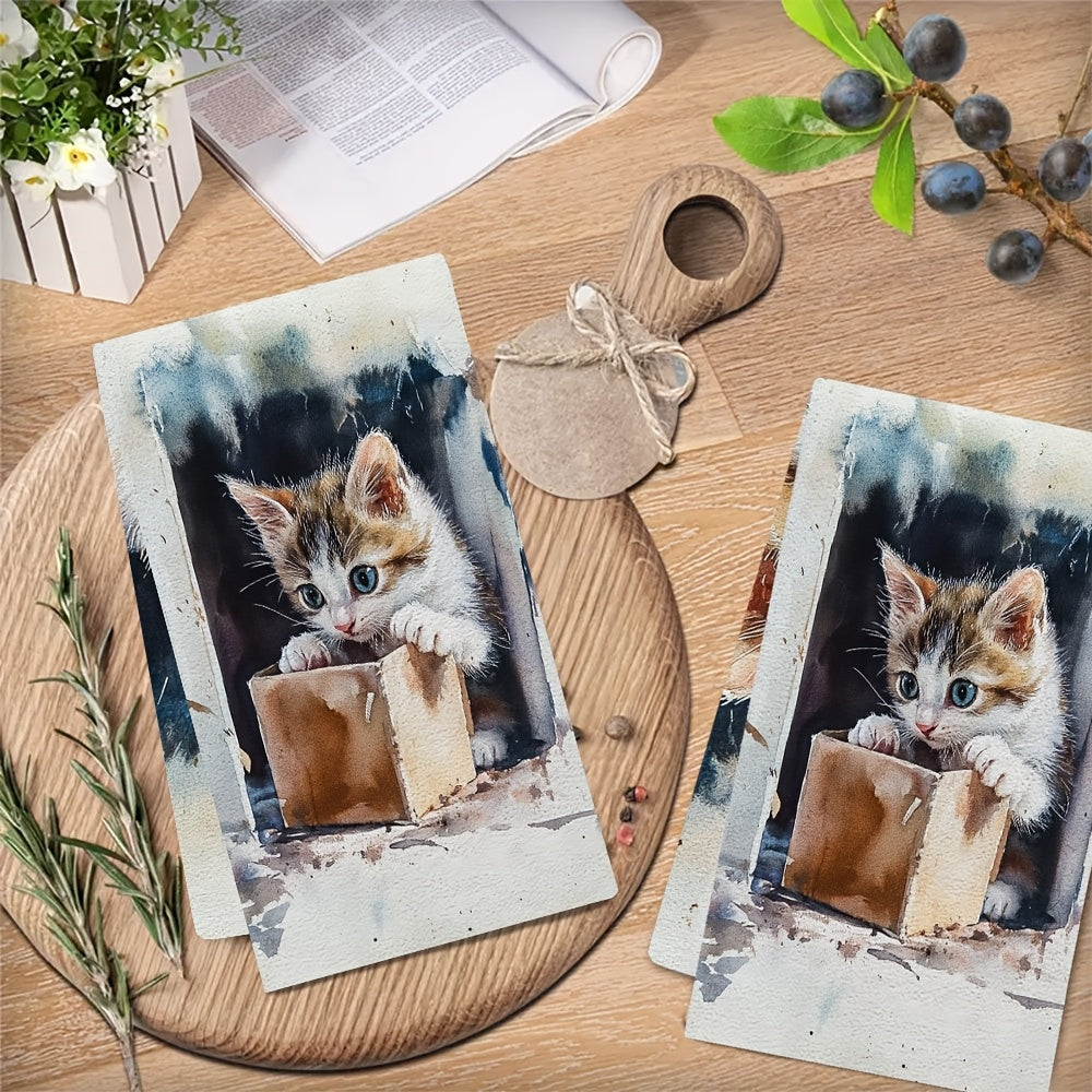 Description: Enhance your kitchen decor with this set of 2 ultra soft kitchen towels featuring an adorable kitten in a box design. These towels are highly absorbent and machine washable, making them perfect for everyday use. The contemporary coastal