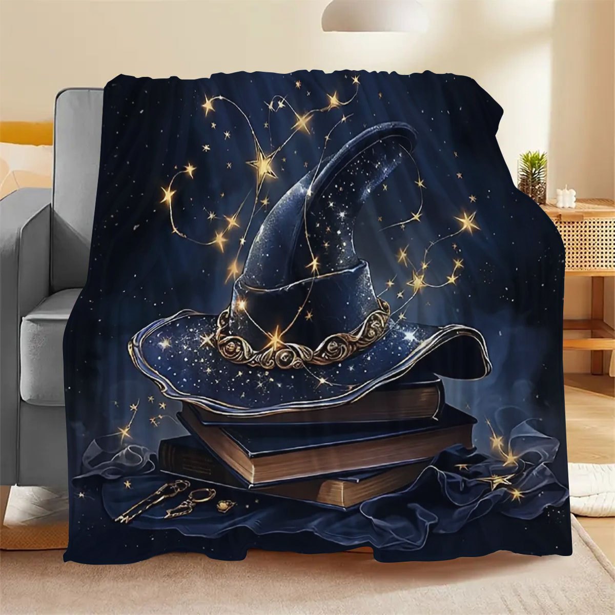 Get in the Halloween spirit with our 1 piece large book and witch hat design printed throw blanket. Made of soft flannel fleece, it is perfect for using on your sofa, bed, or while traveling or camping. This blanket is also great for adding a cozy touch