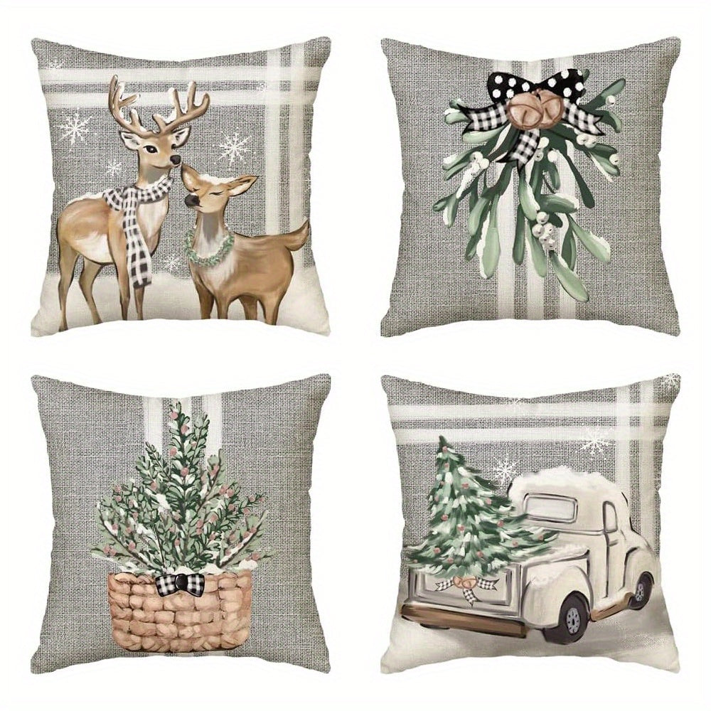 Set of 4 Christmas polyester throw pillow cases featuring reindeer and eucalyptus design. Ideal for decorating outdoor living rooms, bedrooms, couches, and sofas.