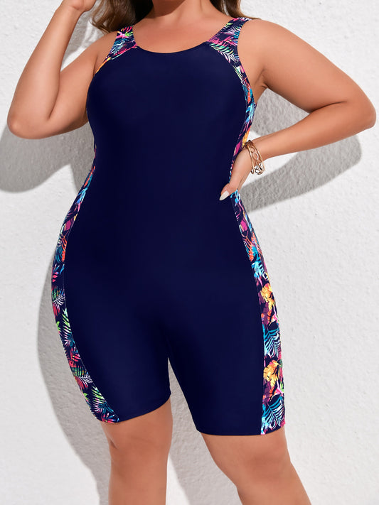 Modest plus size one piece swimsuit in color block tropical print