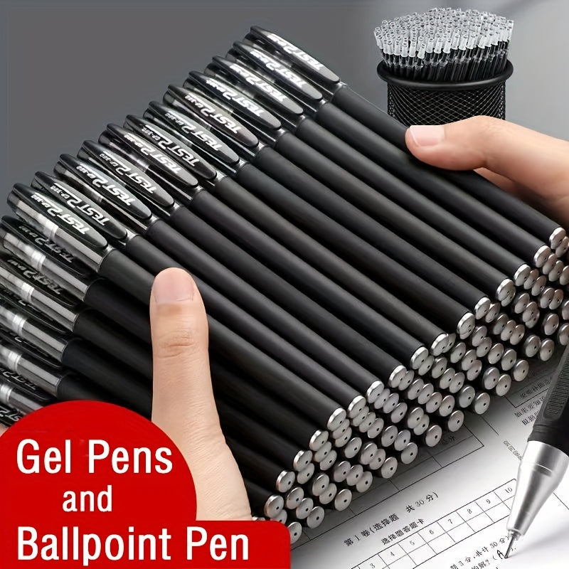 Set of gel pens in black, blue, and red with 0.5mm bullet tips for school and office supplies, kawaii stationery accessories.