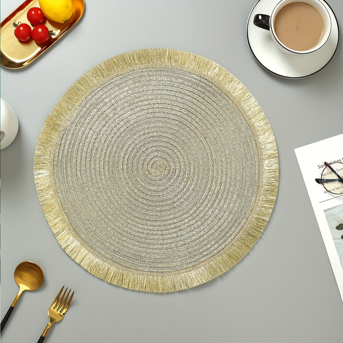 Insulated placemats with gold tassels, ideal for various occasions and easy to clean and use.