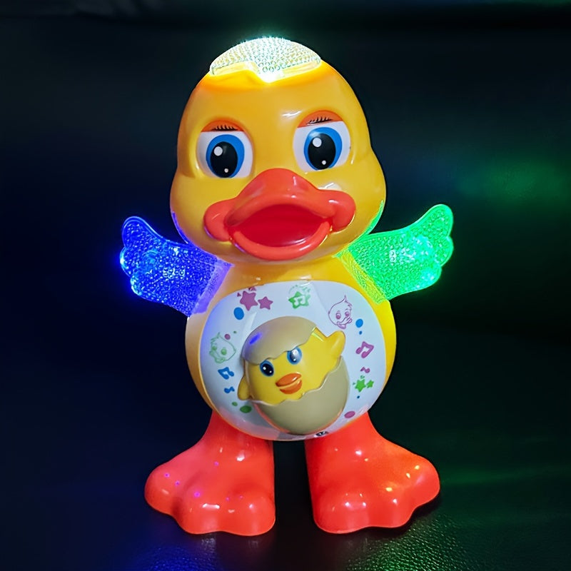 Electric Dancing Duck Toy features blinking lights, music, and adorable cartoon design – a fun interactive toy for kids, powered by batteries (not included). Makes a great gift for Christmas, Halloween, and any holiday season. Perfect for young children.