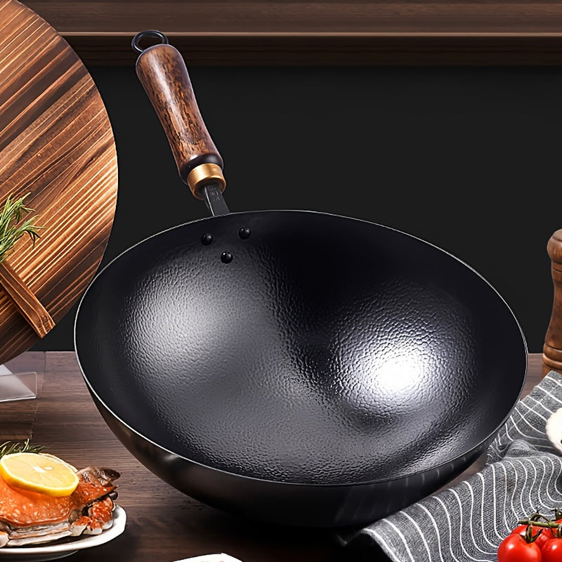 Durable 32.0cm Thick Cast Iron Skillet - Non-Stick, No Coating, Round Bottom Wok for Gas Stove Top & Induction Cooker - Ideal for Stir Fry & Cooking