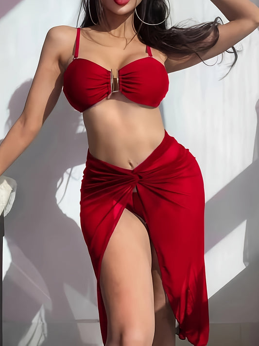 3 piece solid color bikini set with U-Wire high cut and cover up skirt. Women's swimwear and clothing.