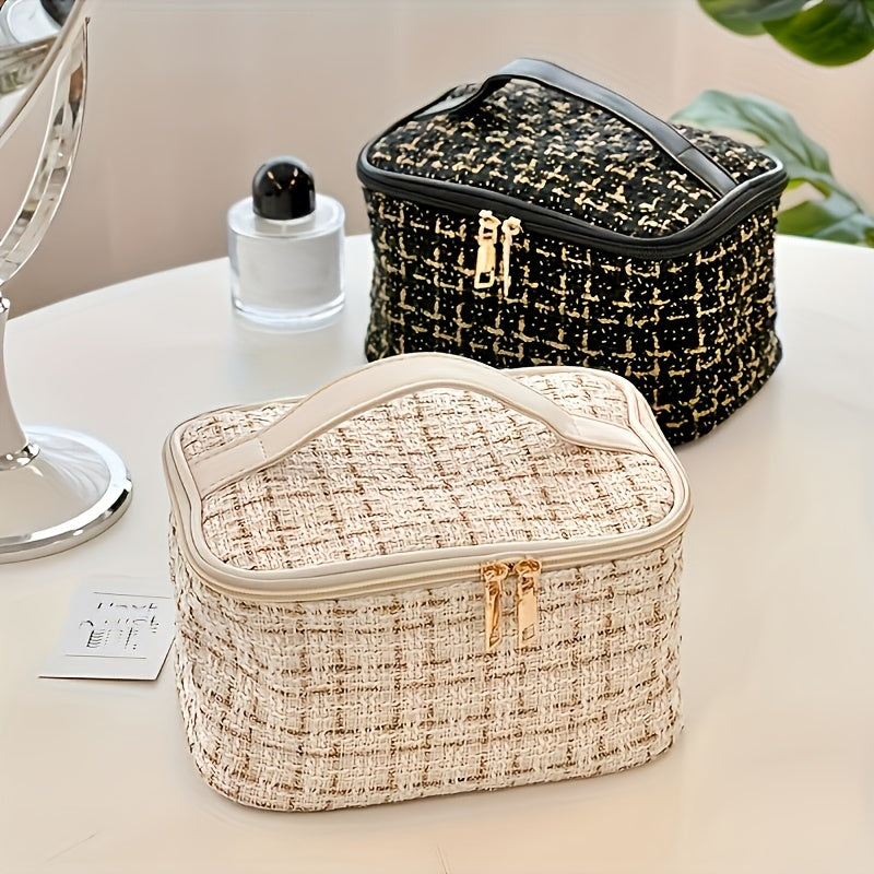 Stylish waterproof cosmetic bag with zipper, cute white design, made of durable polyester, perfect for travel.