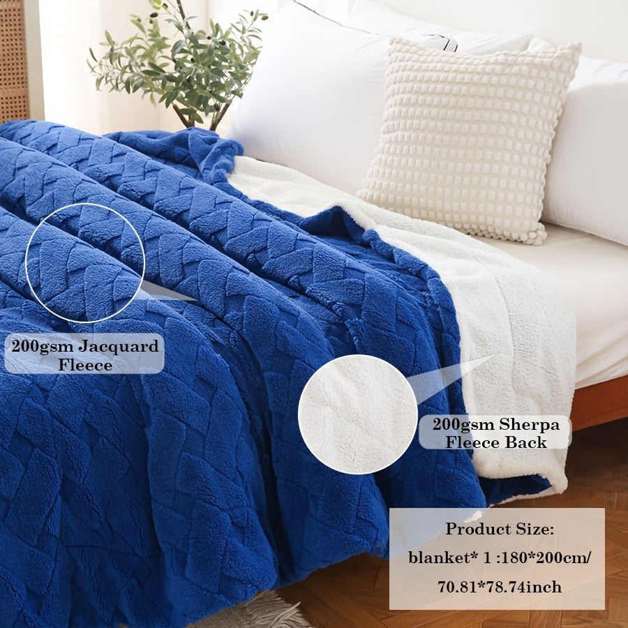 Stay cozy and stylish with our 1pc Solid Color Blanket featuring a 200GSM Soothing Lint and 180GSM Sherpa composite double-layer design. This double-layer blanket includes a rhombus jacquard pattern and is perfect for all seasons. Whether in the bedroom