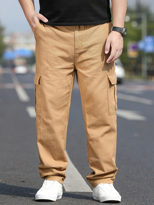 Men's plus size cargo jeans - 100% cotton solid color pants with pockets and regular fit