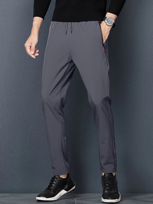 Men's classy casual straight leg pants made of polyester non-stretch fabric with zipper details. Regular fit, weighing 110g/㎡, suitable for golf and ideal for spring/summer, available in