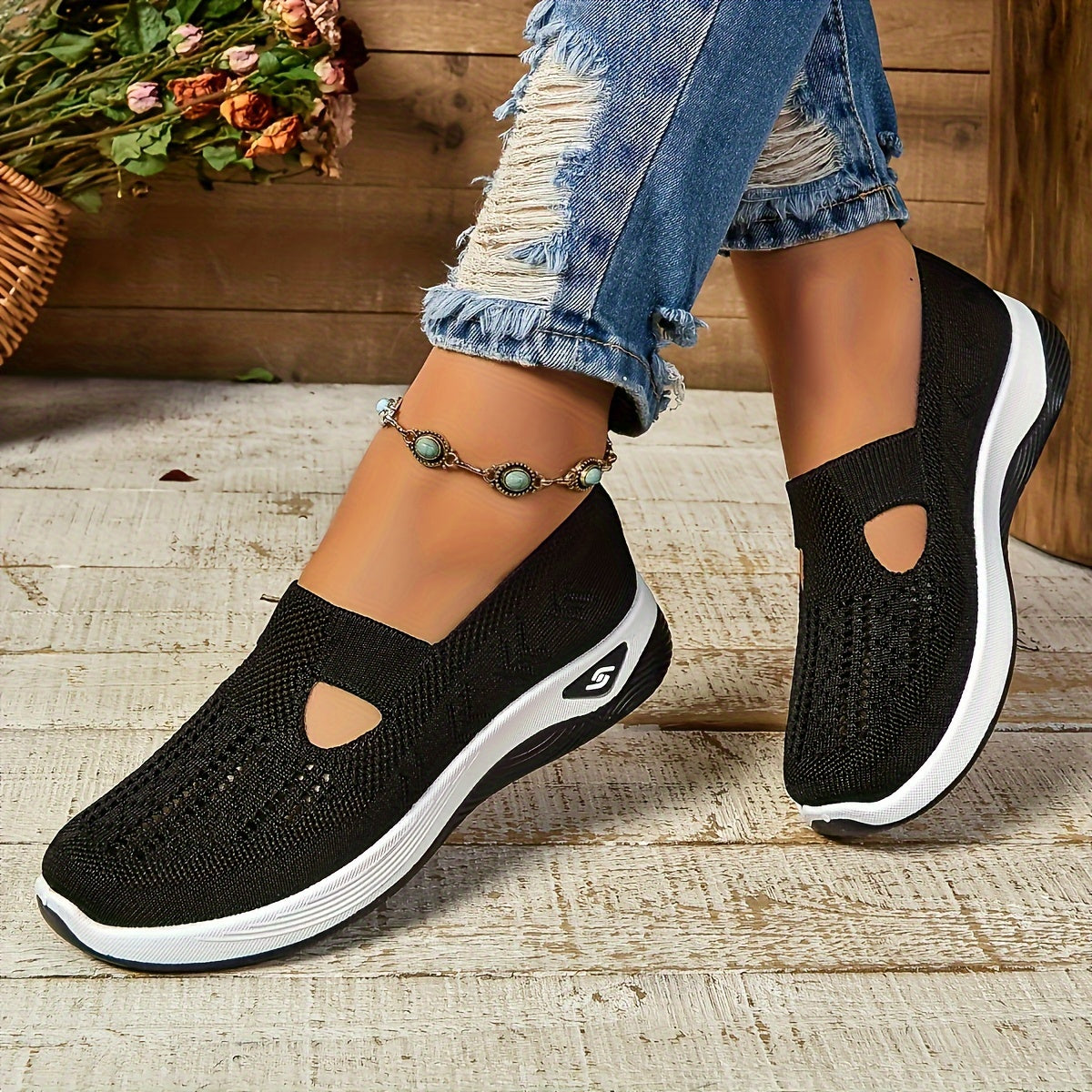 Women's slip-on sneakers in various colors with breathable fabric, EVA sole, and low-top design for all-season comfort.