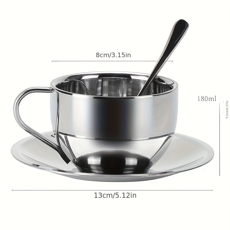 Stainless steel coffee cup and saucer set suitable for home or office, perfect for cappuccinos, lattes, mochas, and tea.