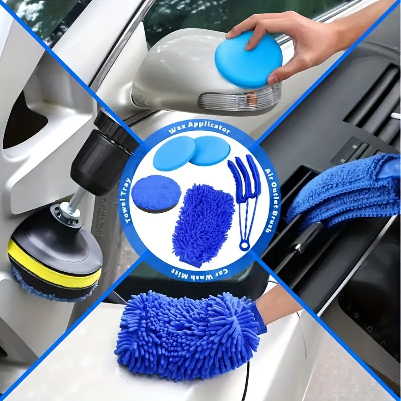 Set of 26 car detailing brushes including wheel brushes, air vent brush, buffing sponge pads kit, washing mitt, and cleaning cloth. Perfect for home and auto detailing with drill brushes, scrub pads, and other cleaning supplies.